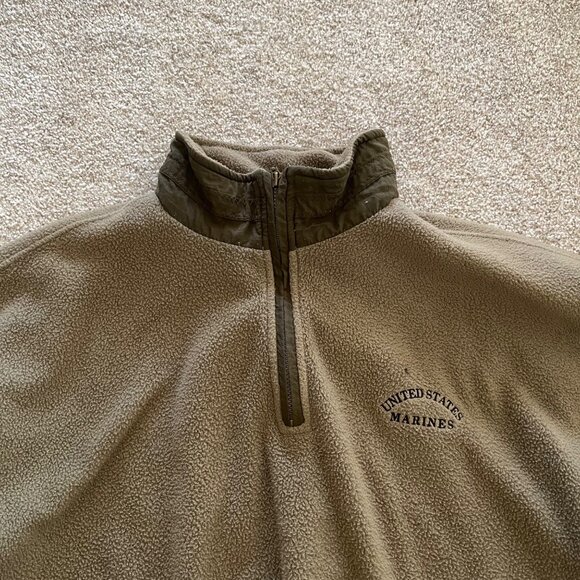 United States Marines Olive Green Quarter Zip Fleece Pullover Oversized Sleeves - Picture 2 of 9